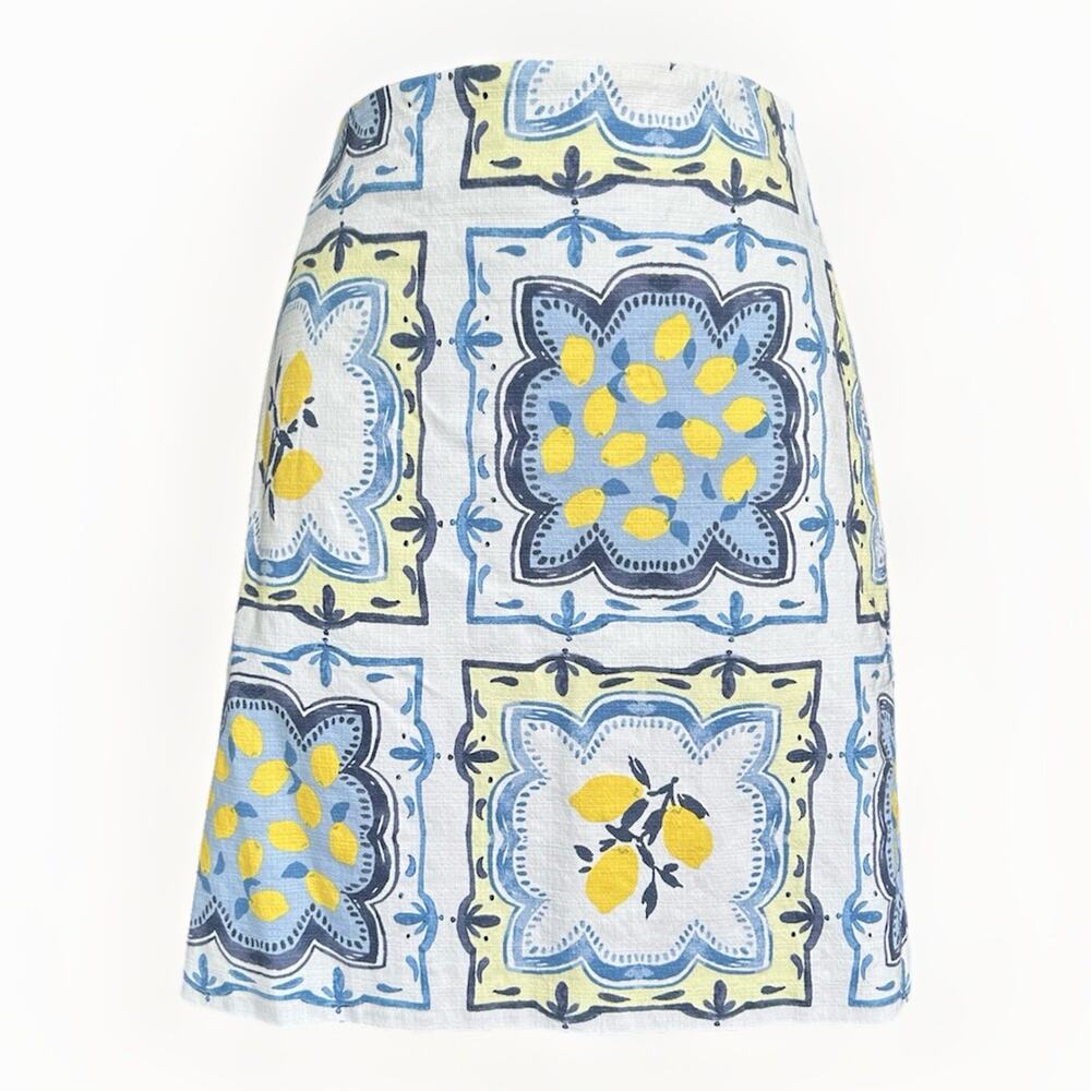 Ann Taylor Loft Summer Skirt Sz 8 Blue White Yellow Lemons Mediterranean Cotton